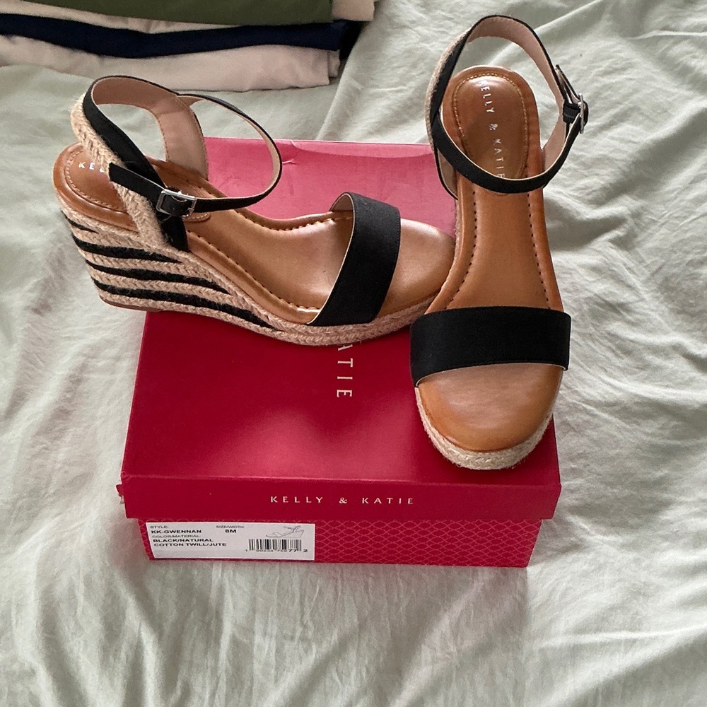 Kelly & Katie Black and Tan Espadrille Wedges